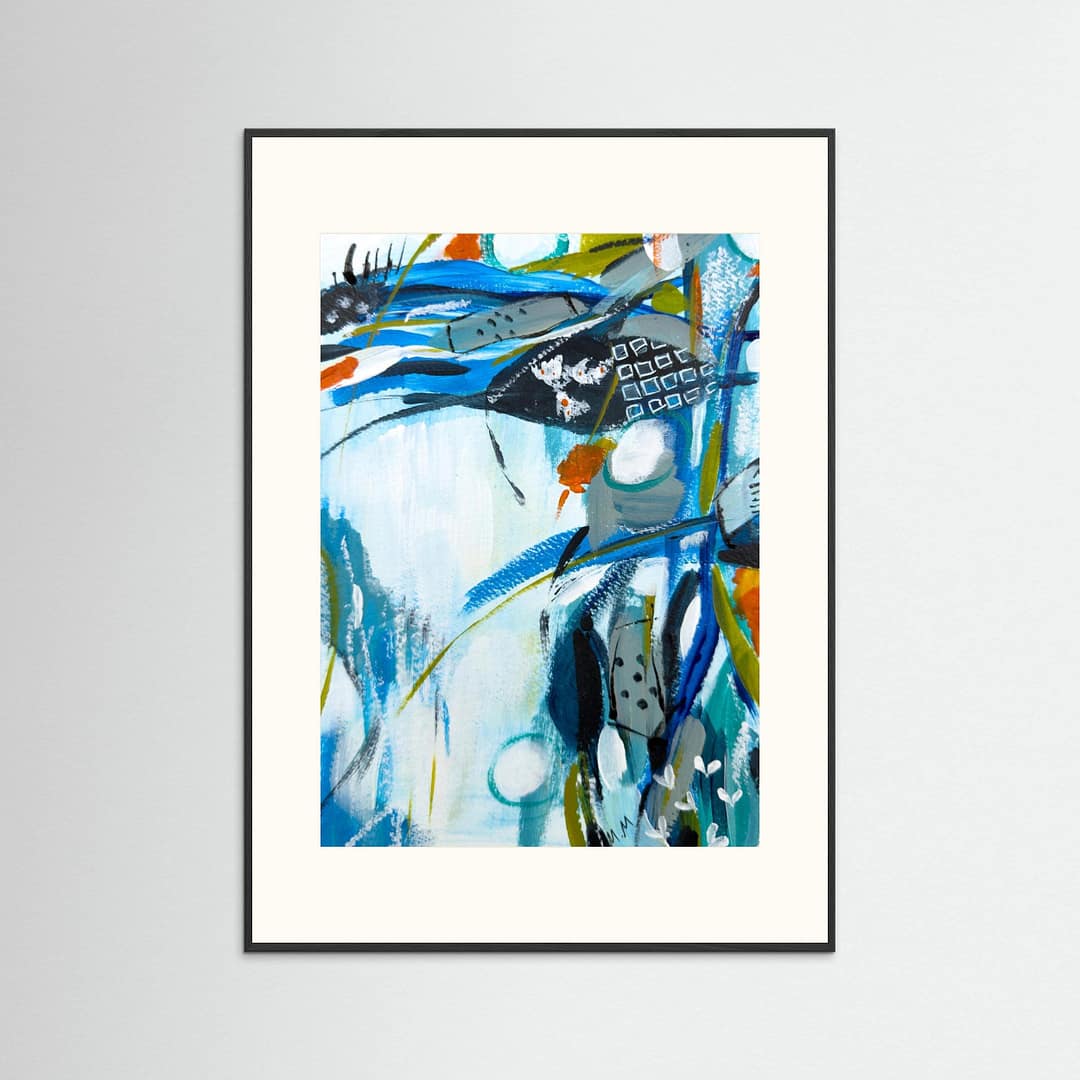 Eastern Seaboard is an abstract acrylic painting with blue tones and a pop of orange